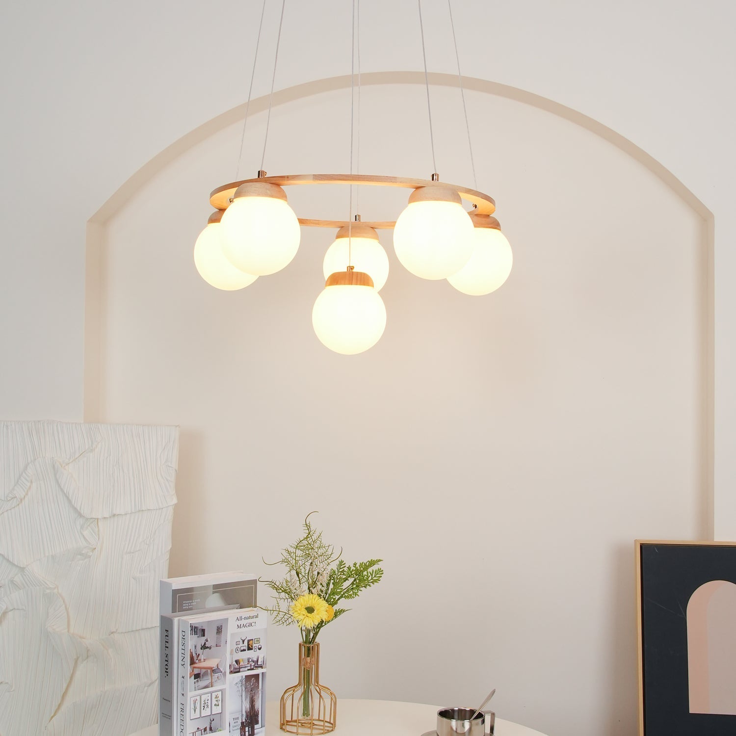 Aelion Chandelier Wood Ring Opal Glass Globes-Neutral Decor