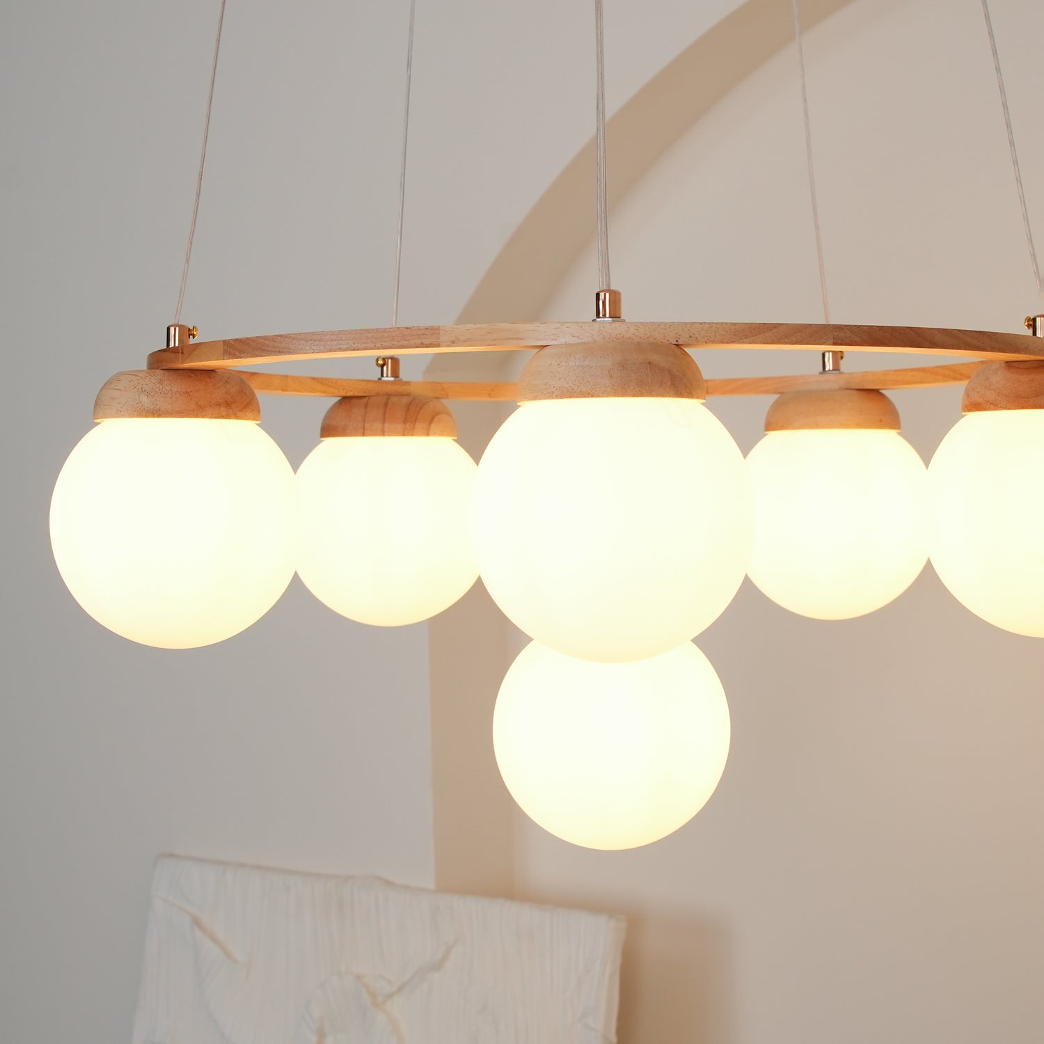 Aelion Chandelier Wood Ring Opal Glass Globes-Neutral Decor