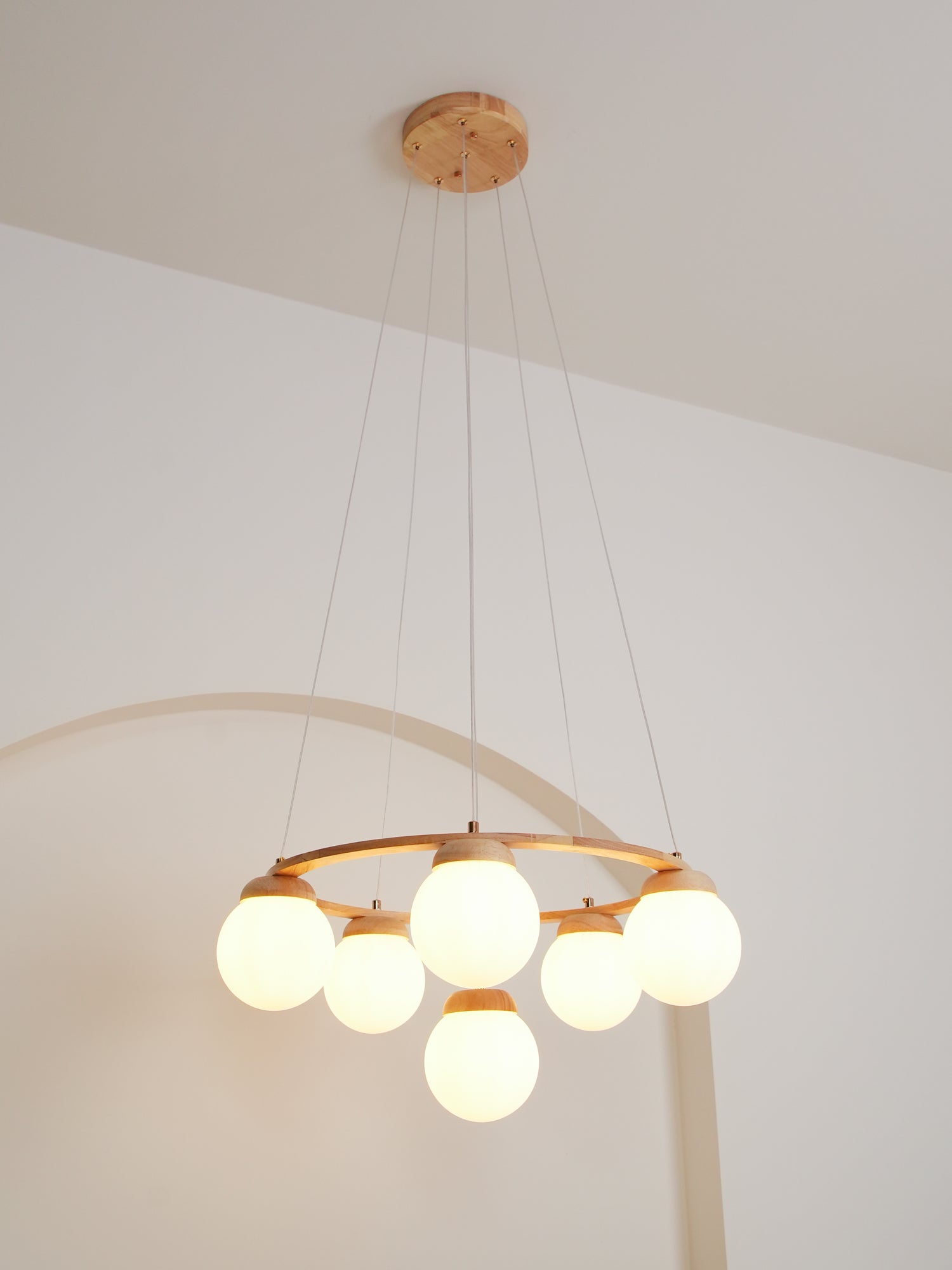 Aelion Chandelier Wood Ring Opal Glass Globes-Neutral Decor