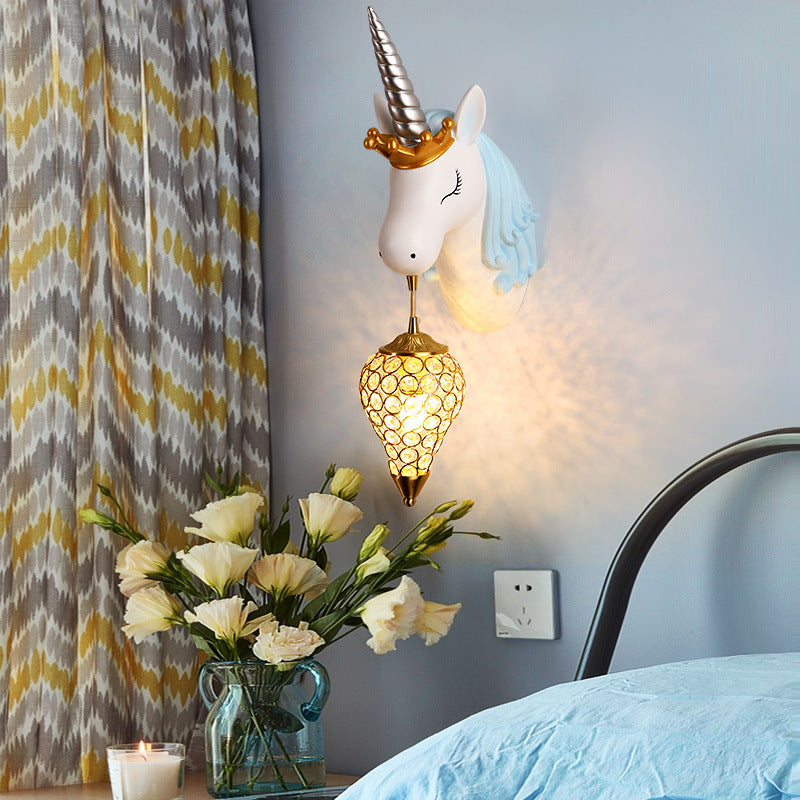 Arisha Modern Unicorn/Strawberry Art Wall Lamp, Pink/Blue - Neutral Decor
