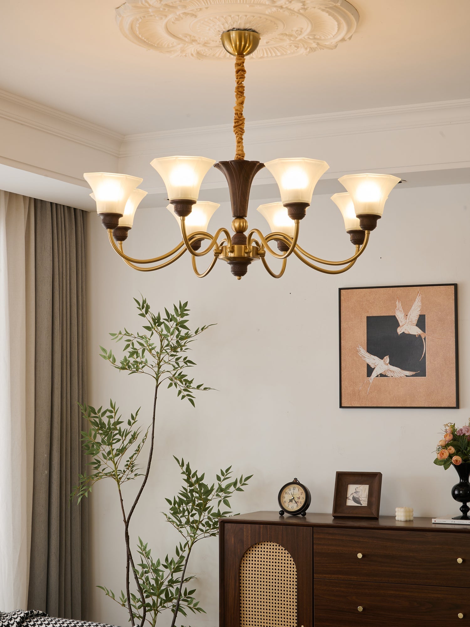 Ciphaen Traditional Elegance Vintage Wood Glass Chandelier-Neutral Decor