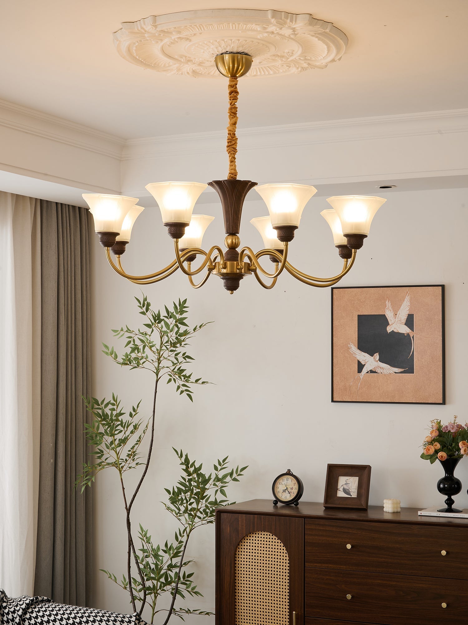 Ciphaen Traditional Elegance Vintage Wood Glass Chandelier-Neutral Decor