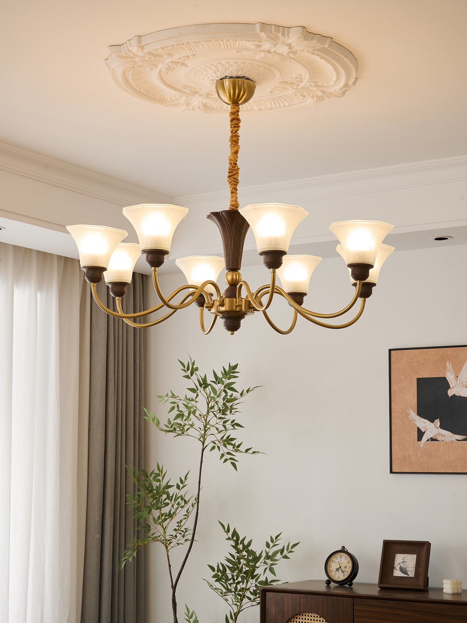 Ciphaen Traditional Elegance Vintage Wood Glass Chandelier-Neutral Decor