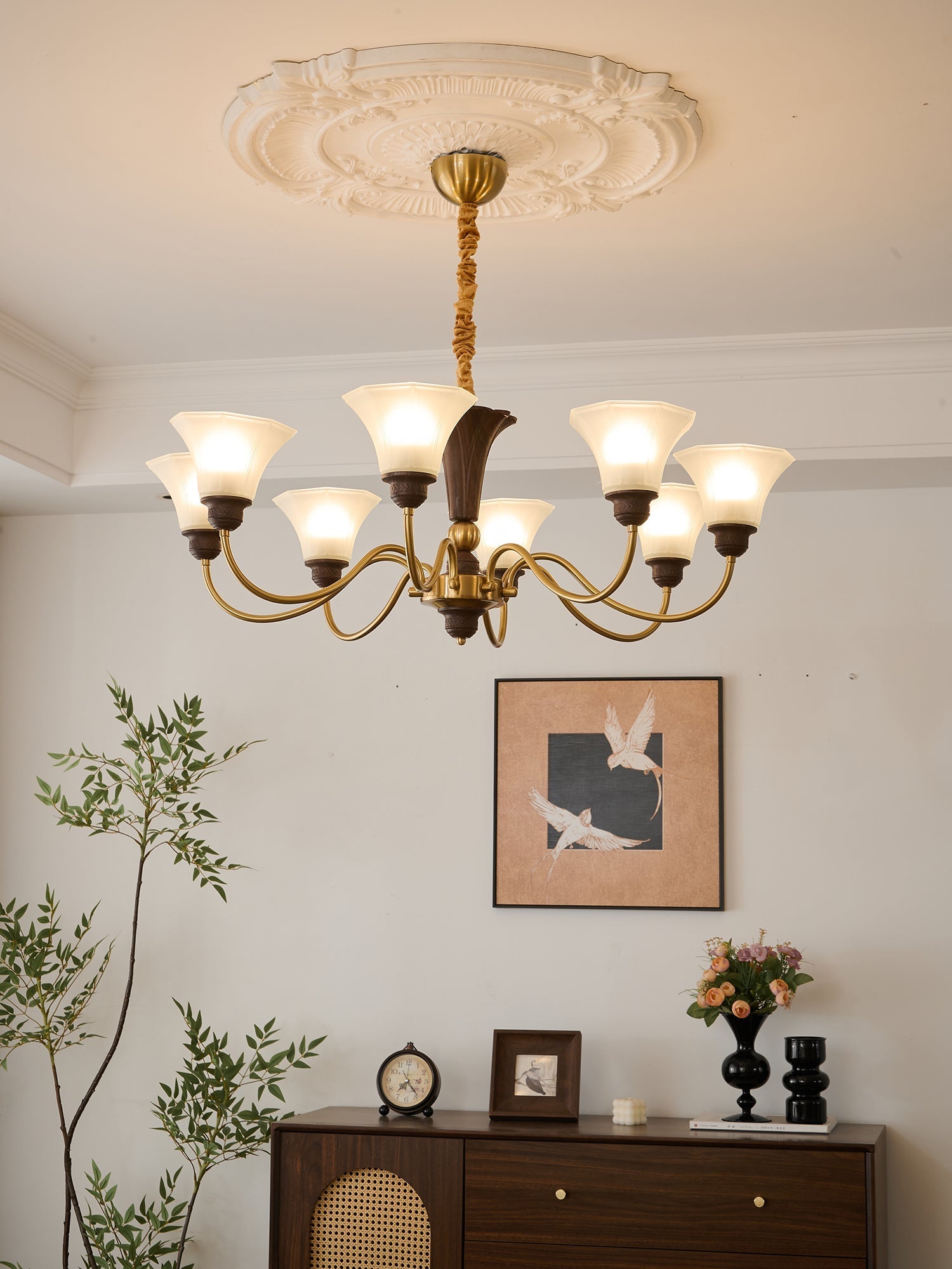 Ciphaen Traditional Elegance Vintage Wood Glass Chandelier-Neutral Decor