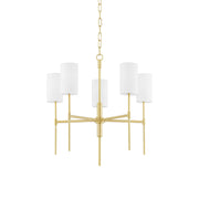 Olivia Chandelier with brass body and fabric shades in a classic living room.
