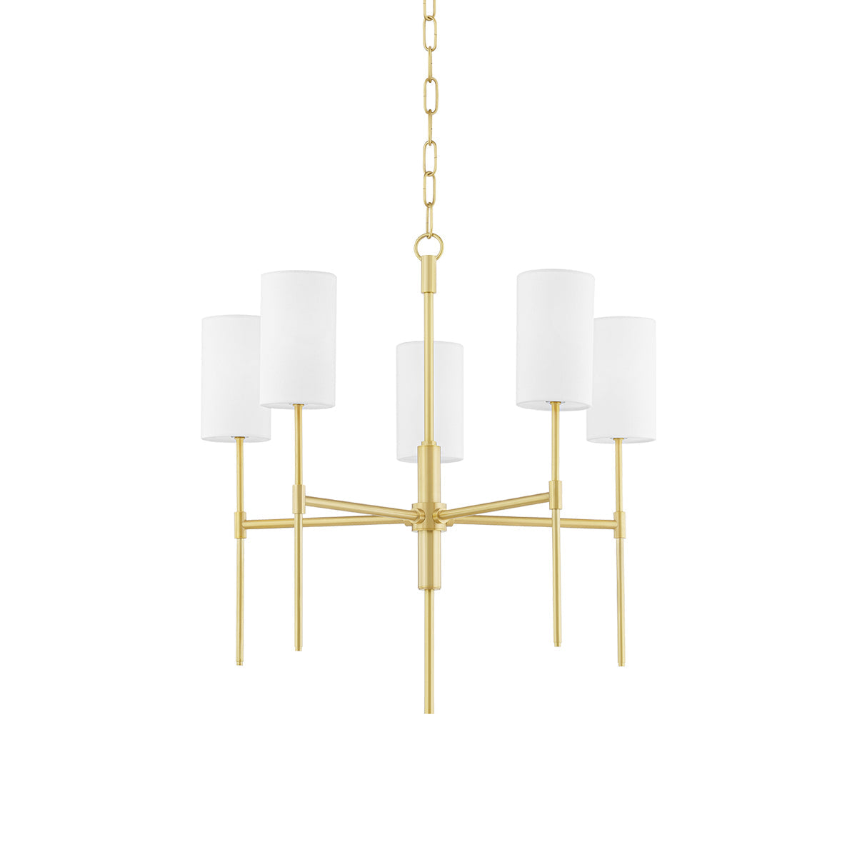 Olivia Chandelier with brass body and fabric shades in a classic living room.