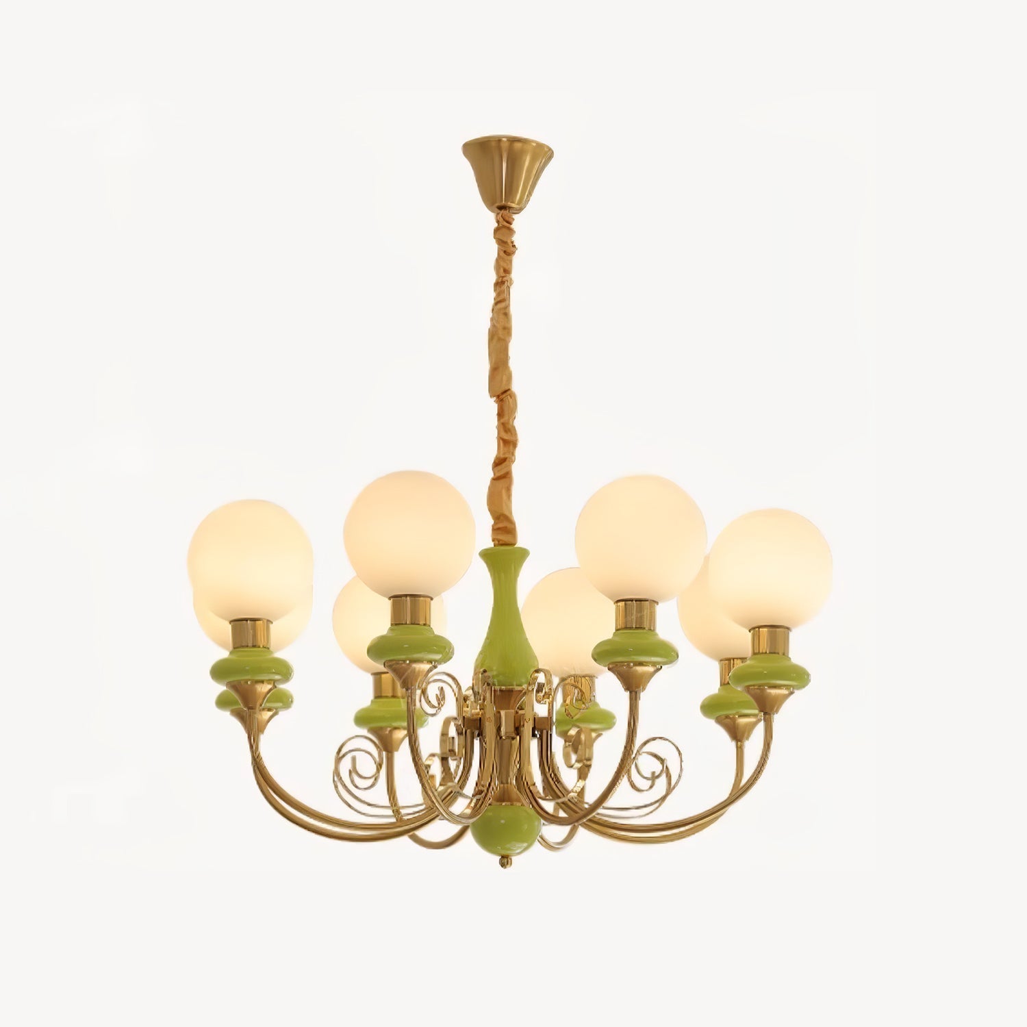 Lustra Chandelier Green Shades Gold Curved Arms-Neutral Decor