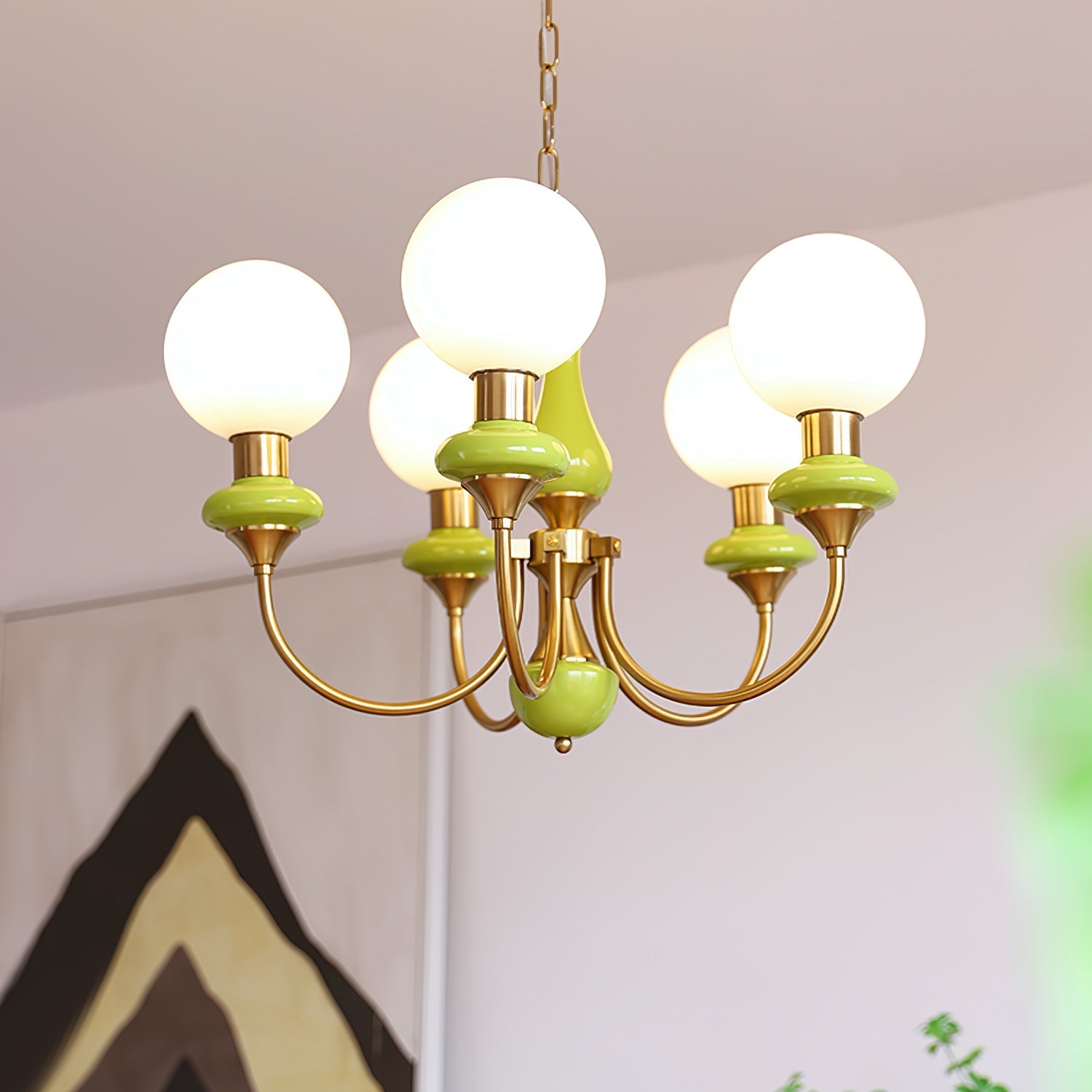Lustra Chandelier Green Shades Gold Curved Arms-Neutral Decor