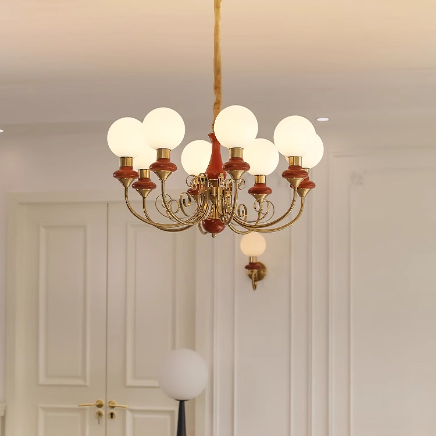 Lustra Chandelier Green Shades Gold Curved Arms-Neutral Decor