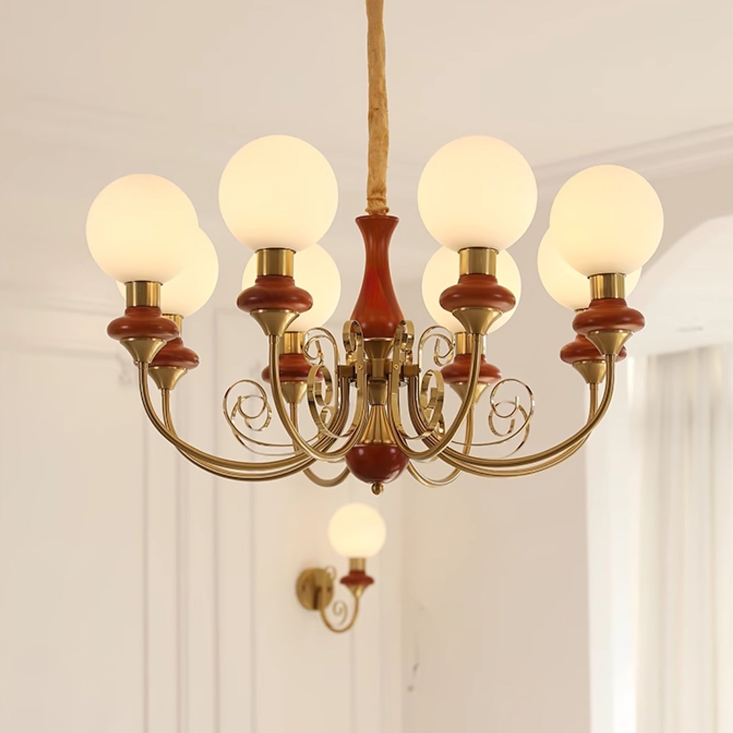Lustra Chandelier Green Shades Gold Curved Arms-Neutral Decor