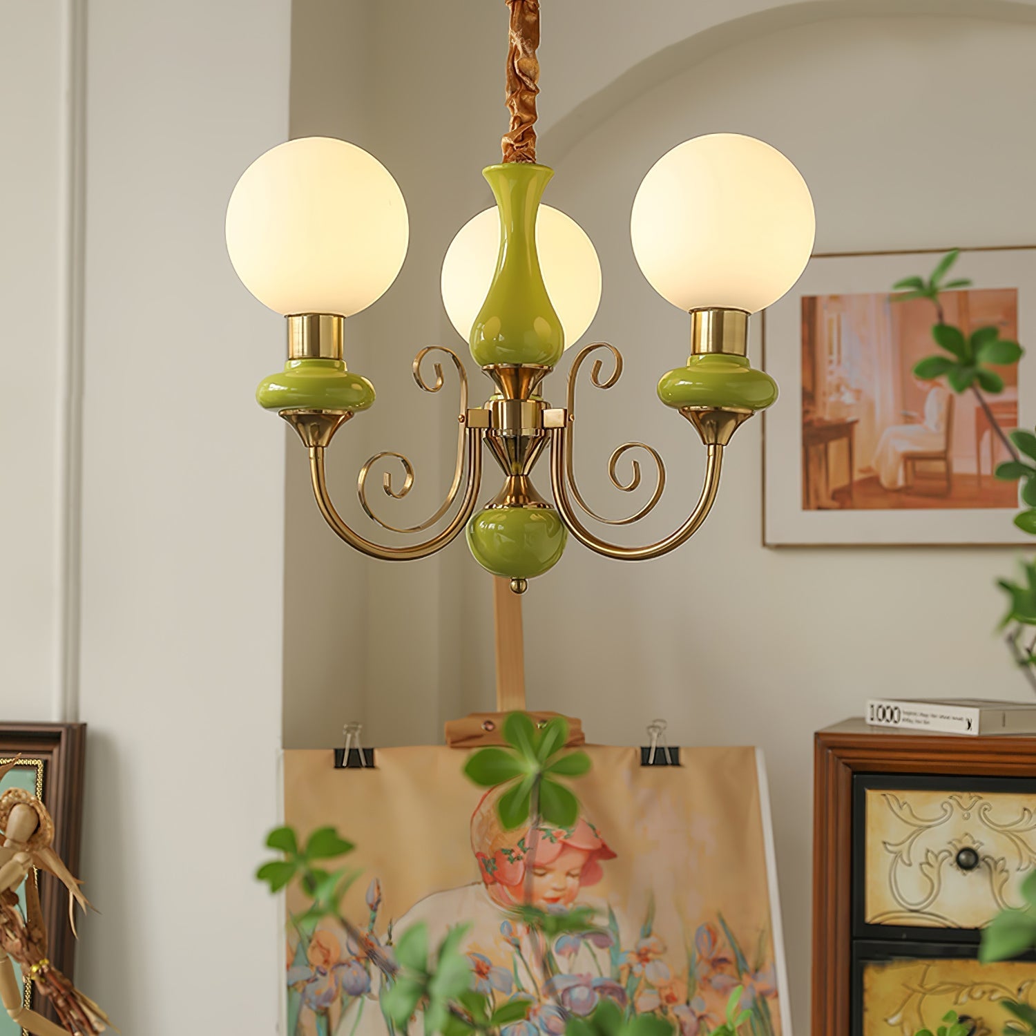 Lustra Chandelier Green Shades Gold Curved Arms-Neutral Decor