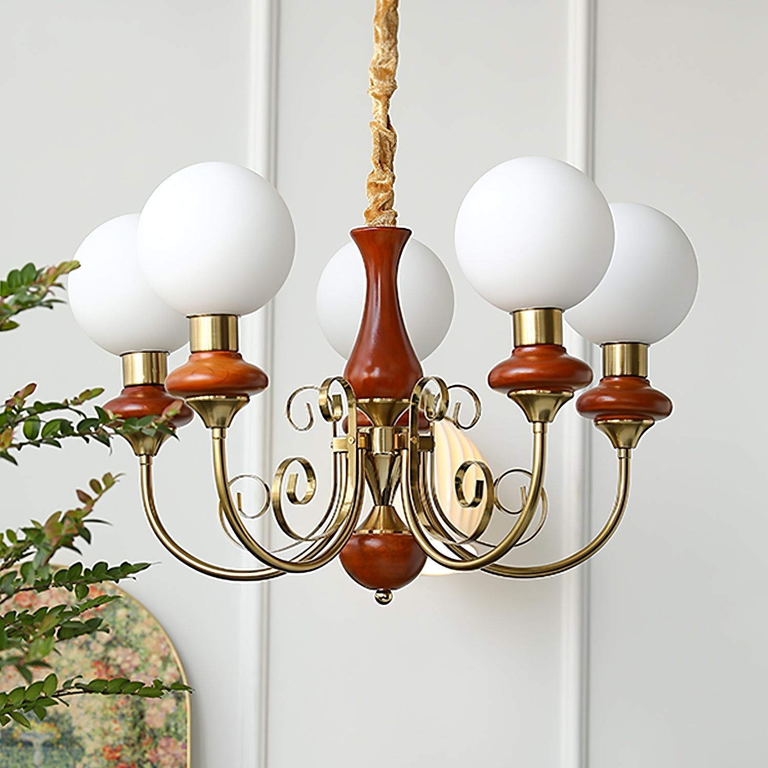 Lustra Chandelier Green Shades Gold Curved Arms-Neutral Decor