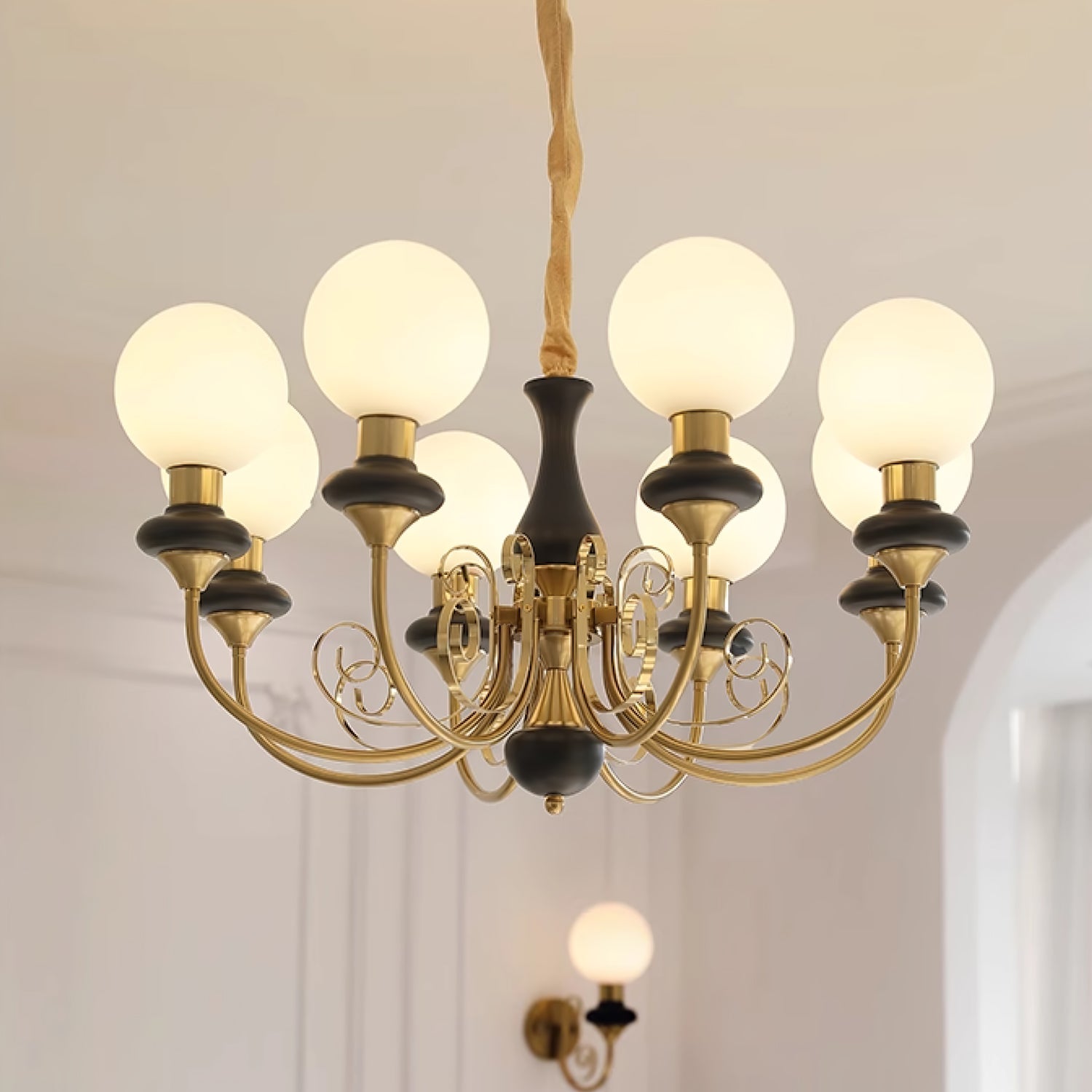 Lustra Chandelier Green Shades Gold Curved Arms-Neutral Decor