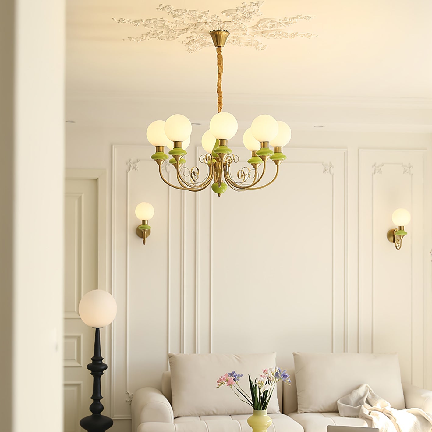 Lustra Chandelier Green Shades Gold Curved Arms-Neutral Decor