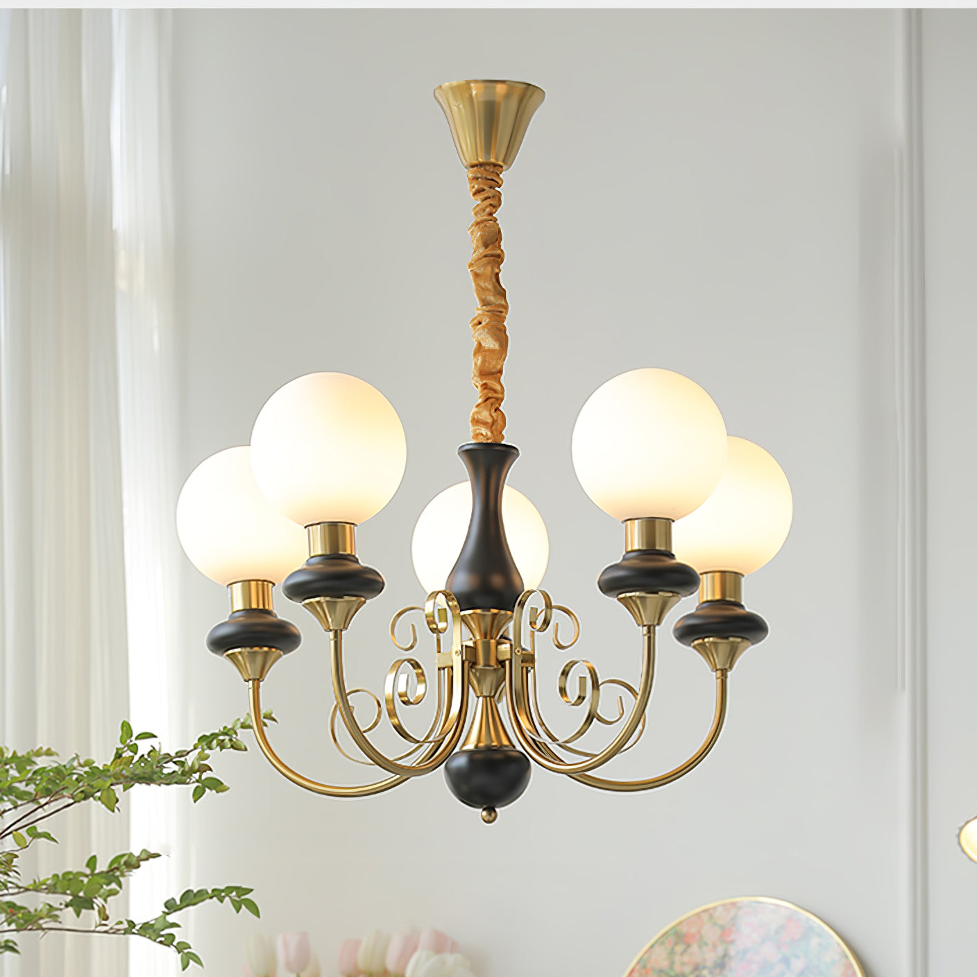 Lustra Chandelier Green Shades Gold Curved Arms-Neutral Decor