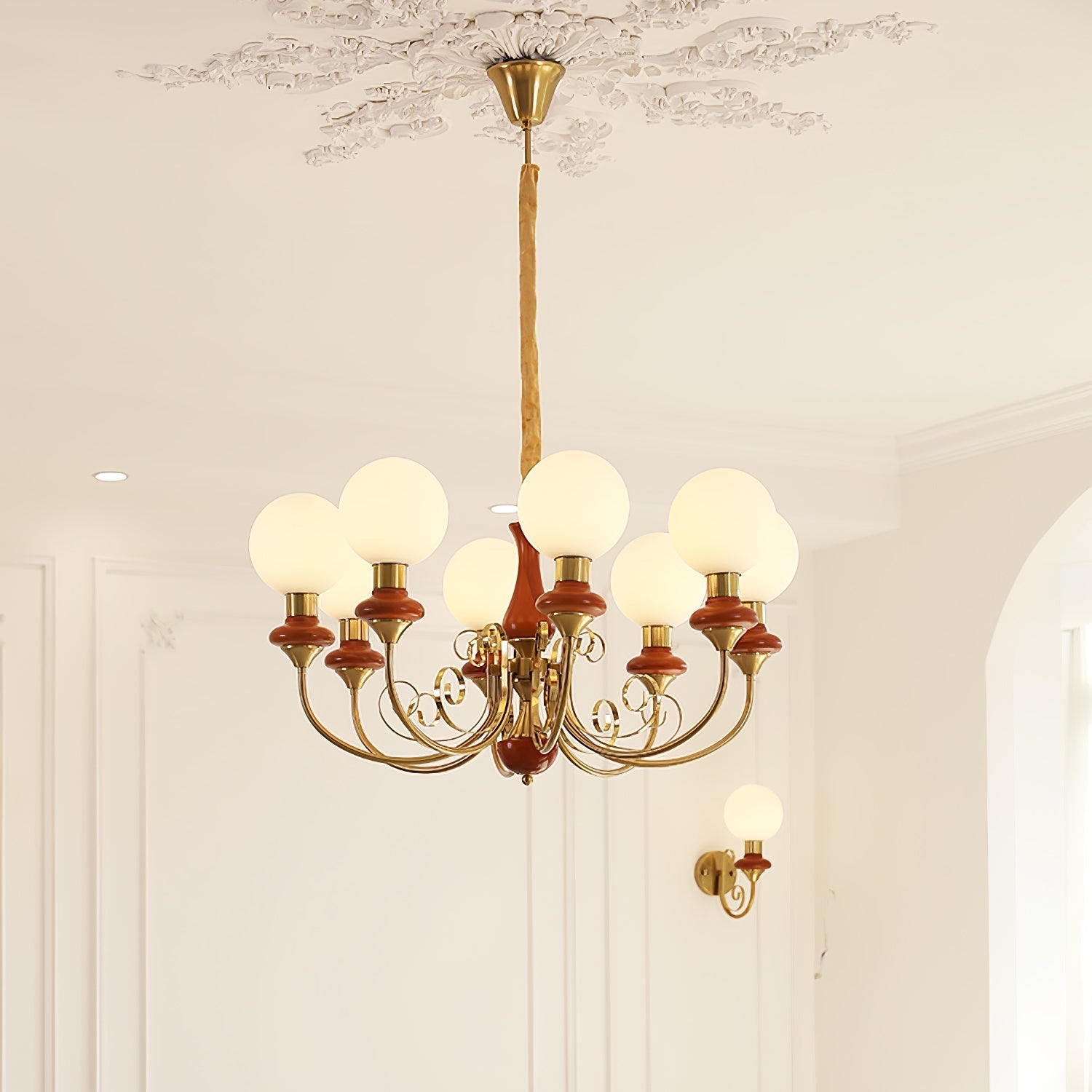 Lustra Chandelier Green Shades Gold Curved Arms-Neutral Decor