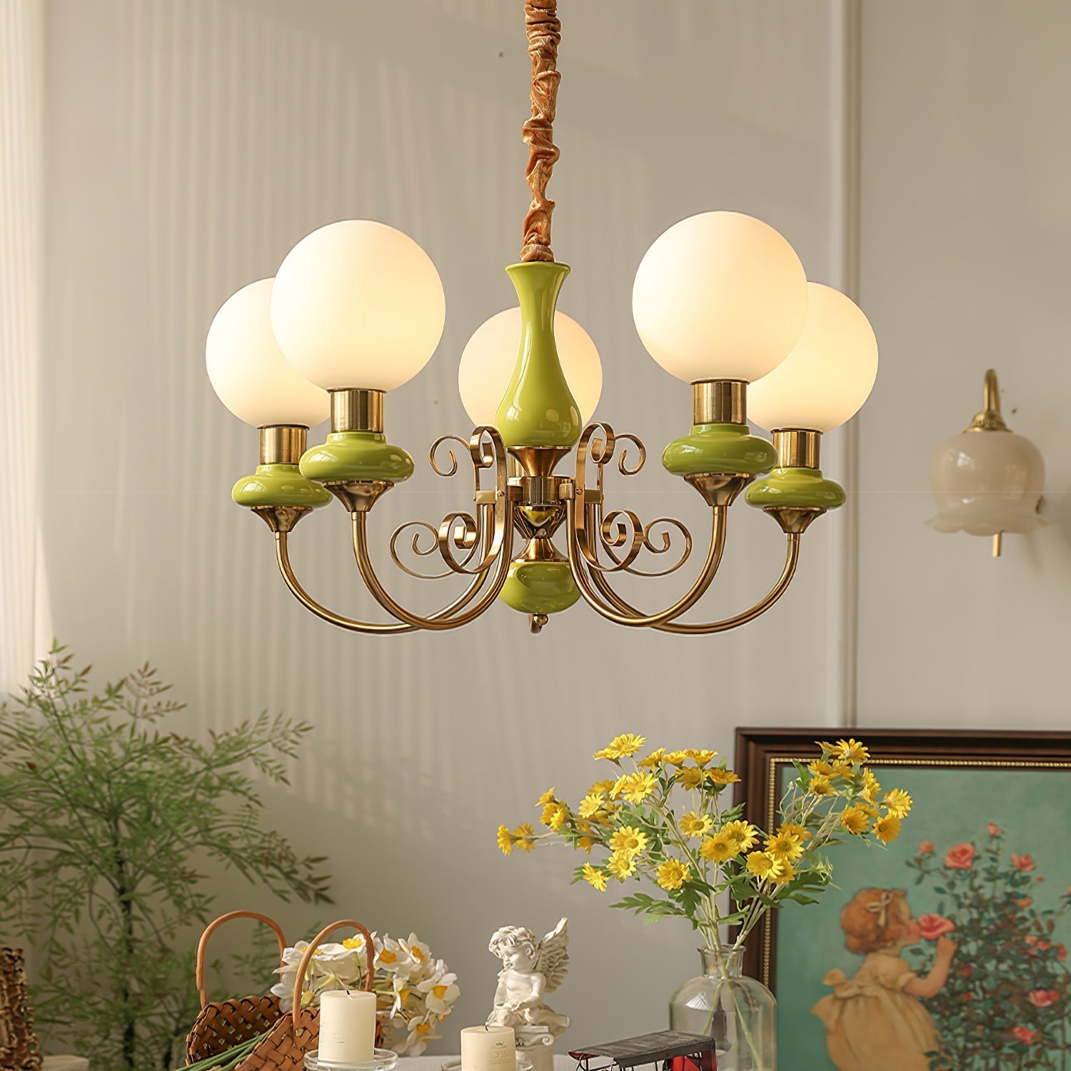 Lustra Chandelier Green Shades Gold Curved Arms-Neutral Decor