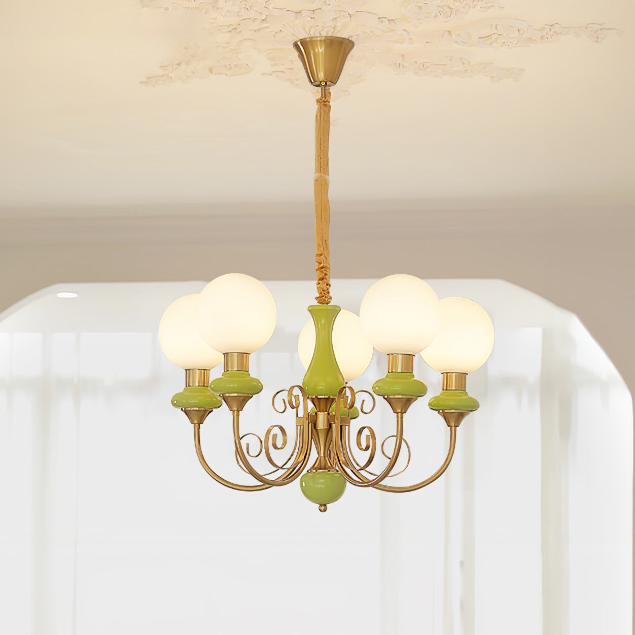Lustra Chandelier Green Shades Gold Curved Arms-Neutral Decor