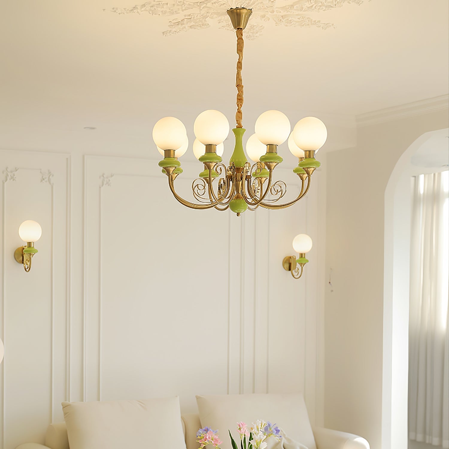 Lustra Chandelier Green Shades Gold Curved Arms-Neutral Decor