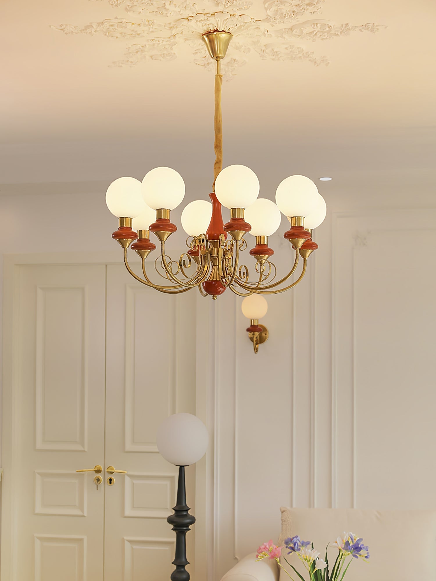 Lustra Chandelier Green Shades Gold Curved Arms-Neutral Decor