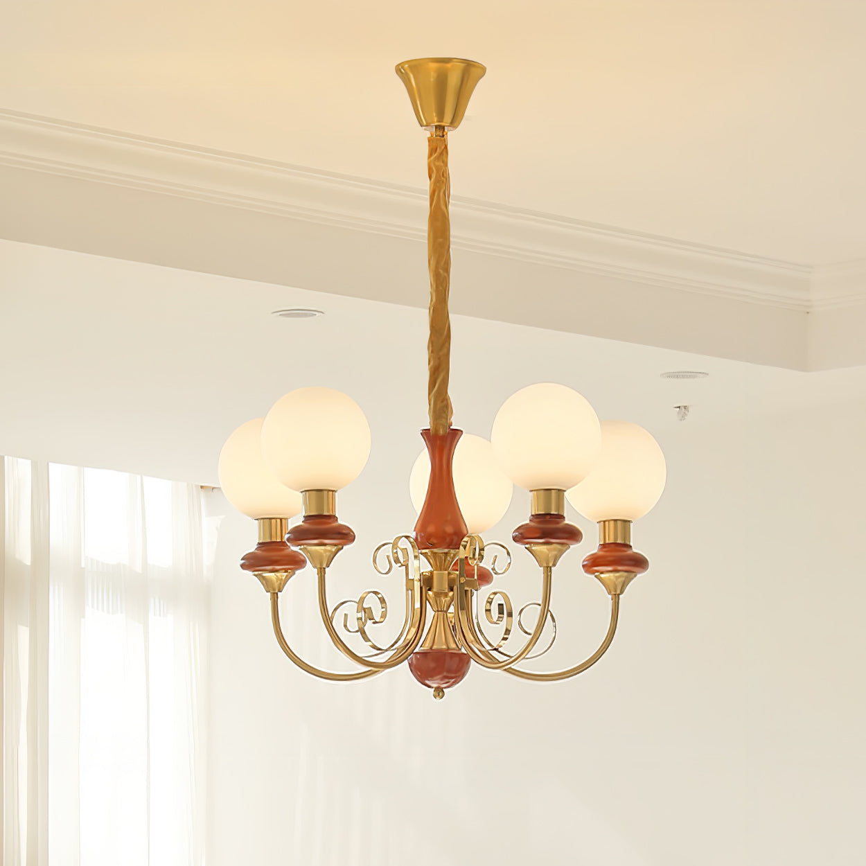 Lustra Chandelier Green Shades Gold Curved Arms-Neutral Decor