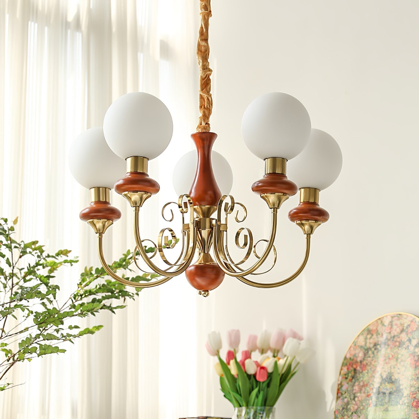 Lustra Chandelier Green Shades Gold Curved Arms-Neutral Decor