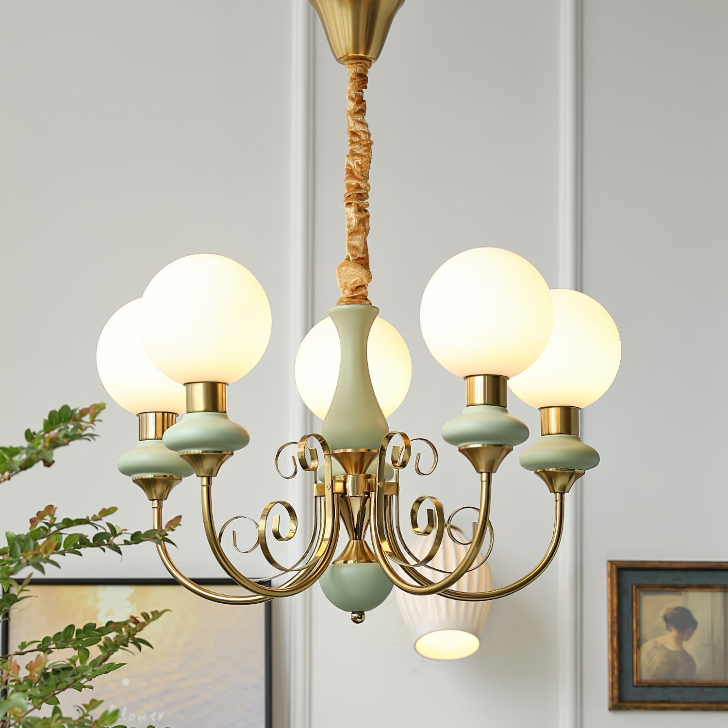 Lustra Chandelier Green Shades Gold Curved Arms-Neutral Decor