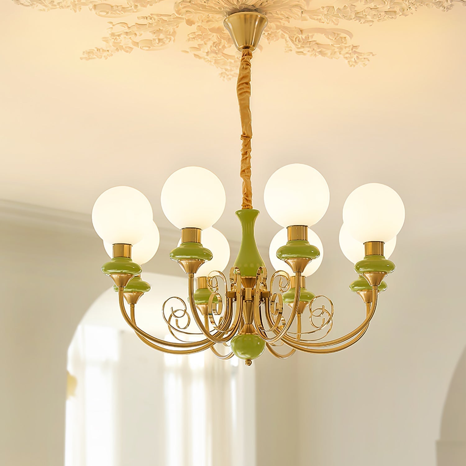 Lustra Chandelier Green Shades Gold Curved Arms-Neutral Decor