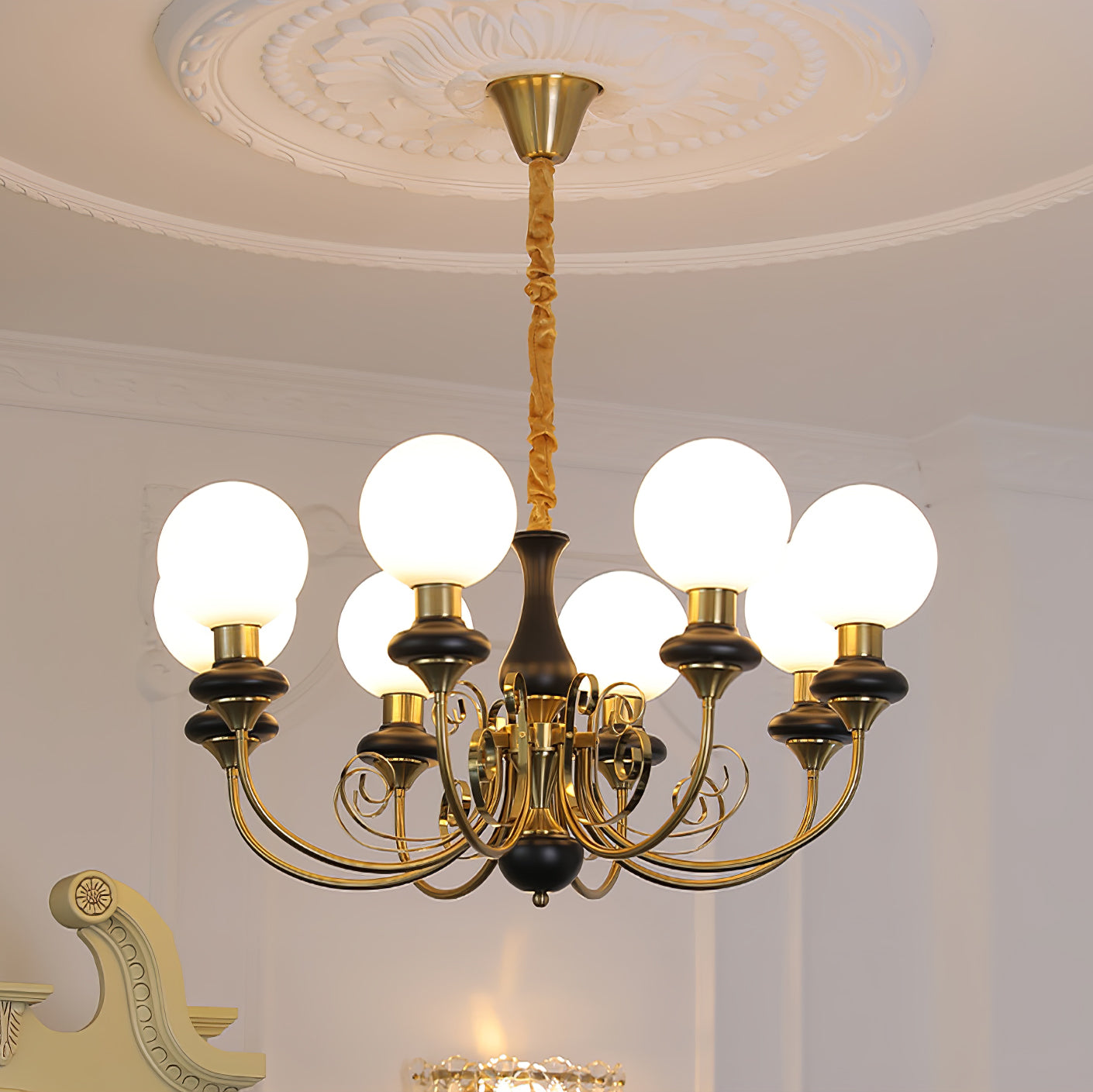 Lustra Chandelier Green Shades Gold Curved Arms-Neutral Decor