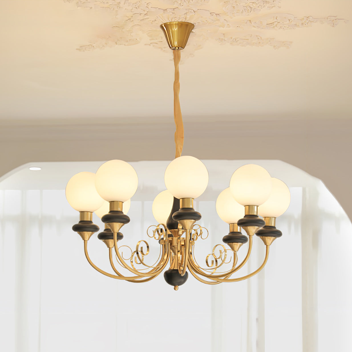 Lustra Chandelier Green Shades Gold Curved Arms-Neutral Decor