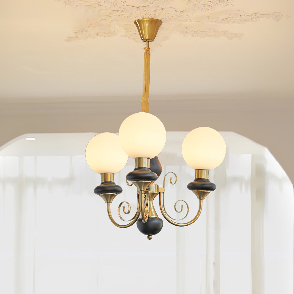 Lustra Chandelier Green Shades Gold Curved Arms-Neutral Decor