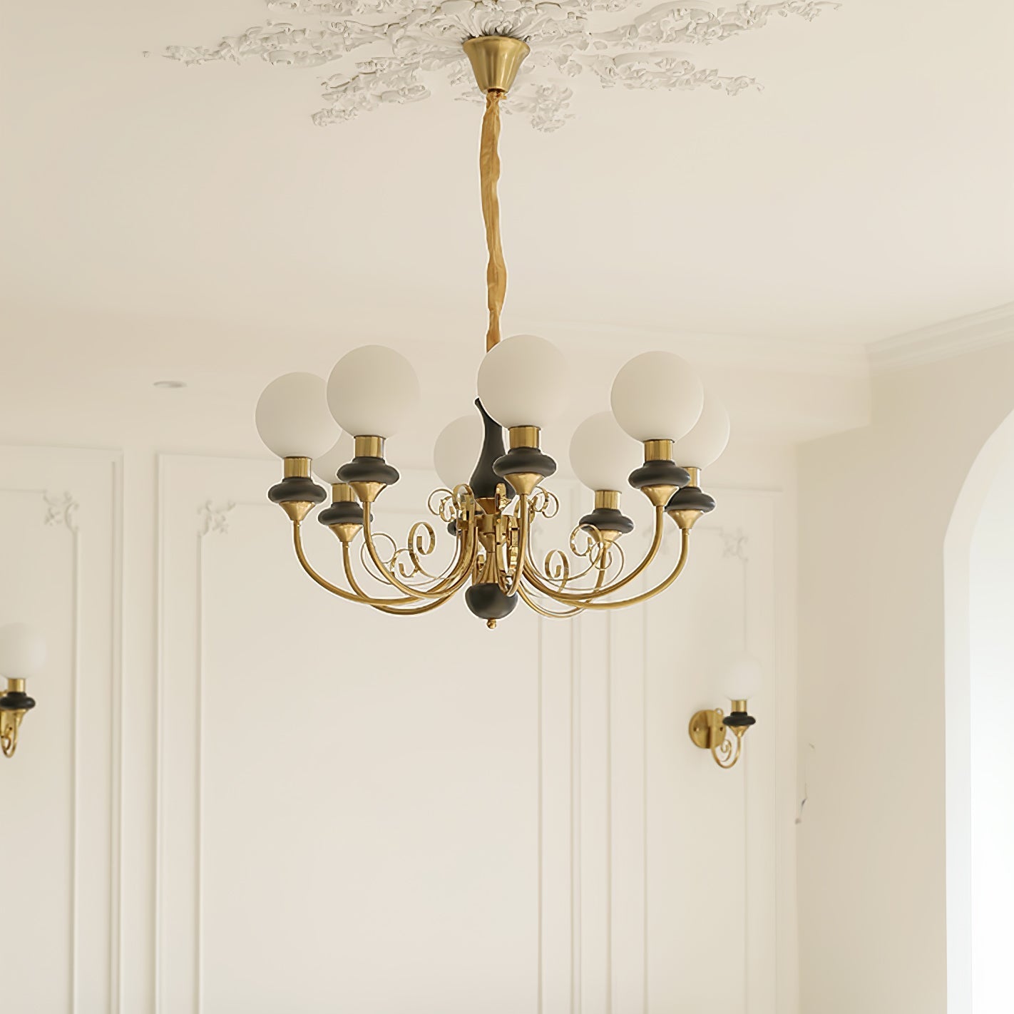 Lustra Chandelier Green Shades Gold Curved Arms-Neutral Decor