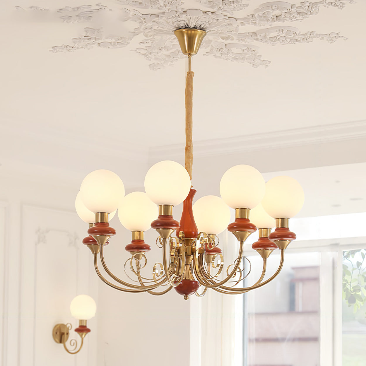Lustra Chandelier Green Shades Gold Curved Arms-Neutral Decor