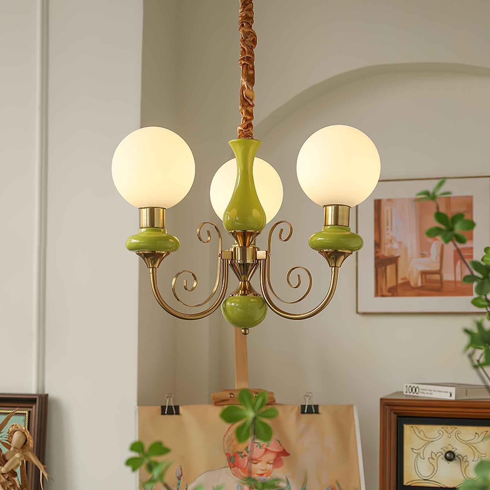 Lustra Chandelier Green Shades Gold Curved Arms-Neutral Decor