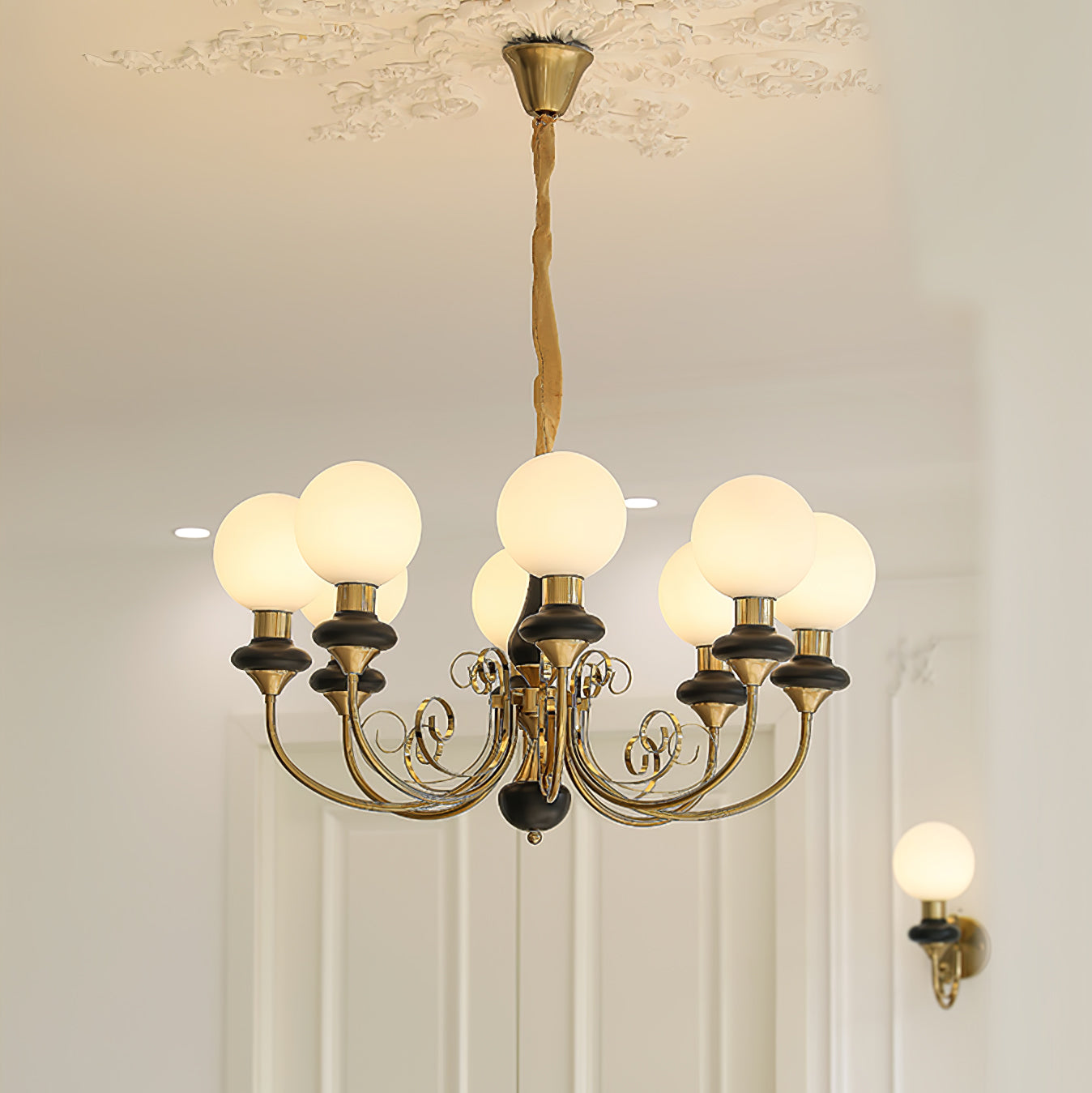 Lustra Chandelier Green Shades Gold Curved Arms-Neutral Decor