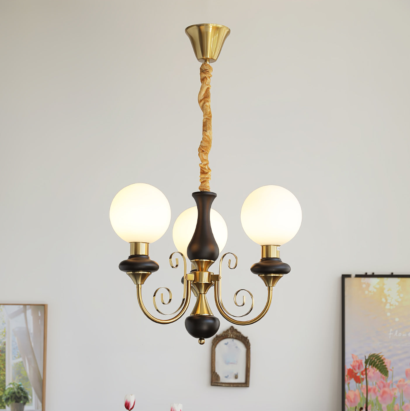 Lustra Chandelier Green Shades Gold Curved Arms-Neutral Decor