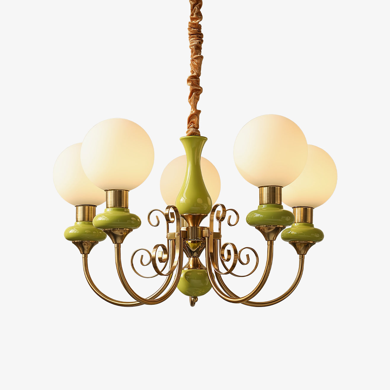 Lustra Chandelier Green Shades Gold Curved Arms-Neutral Decor