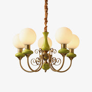 Lustra Chandelier Green Shades Gold Curved Arms-Neutral Decor