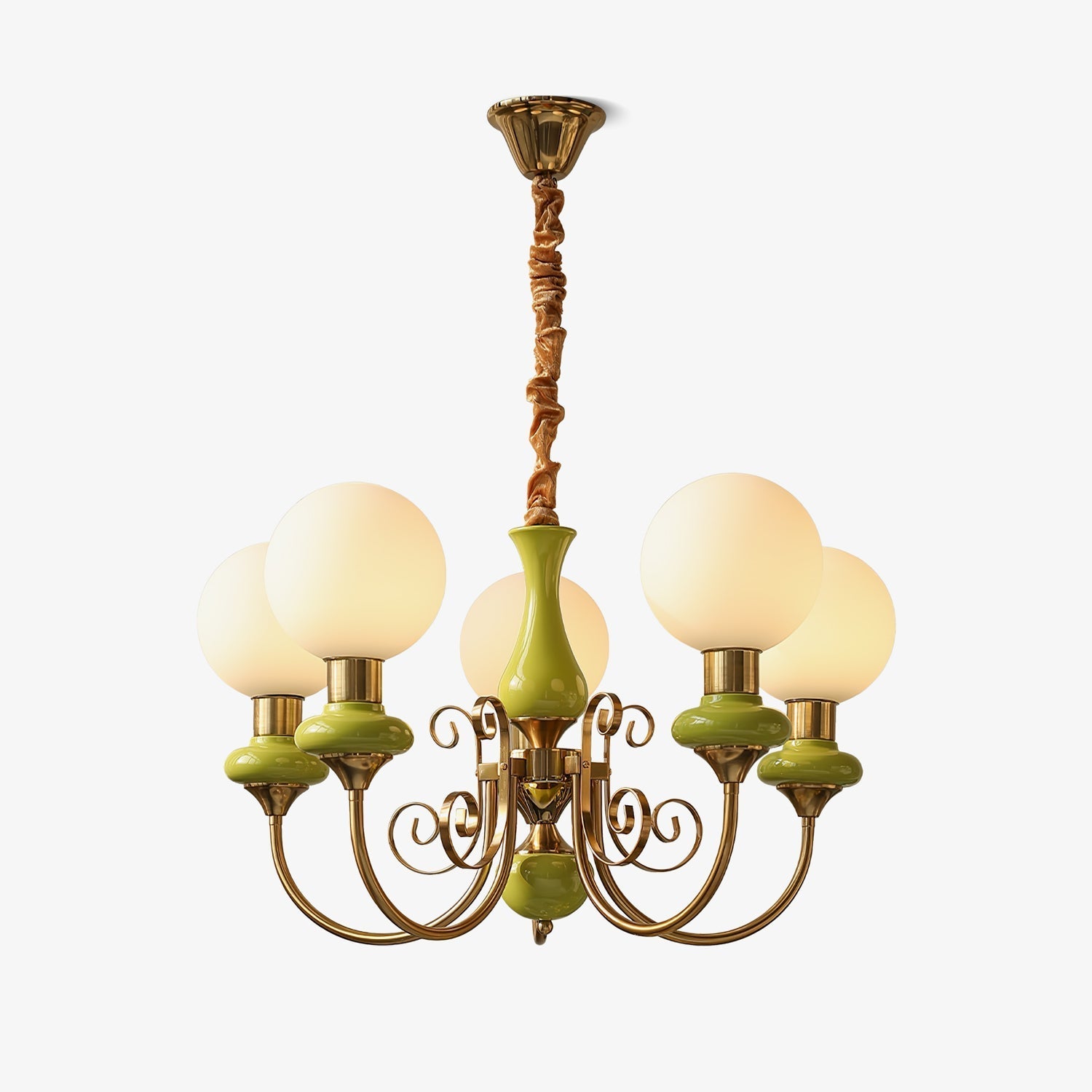 Lustra Chandelier Green Shades Gold Curved Arms-Neutral Decor