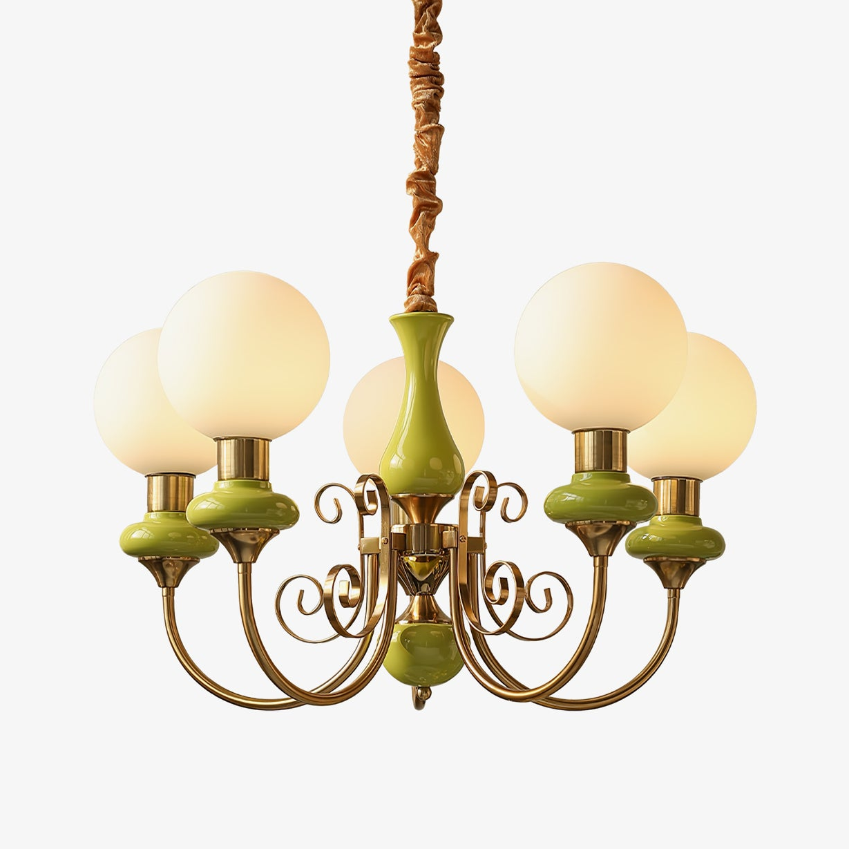 Lustra Chandelier Green Shades Gold Curved Arms-Neutral Decor