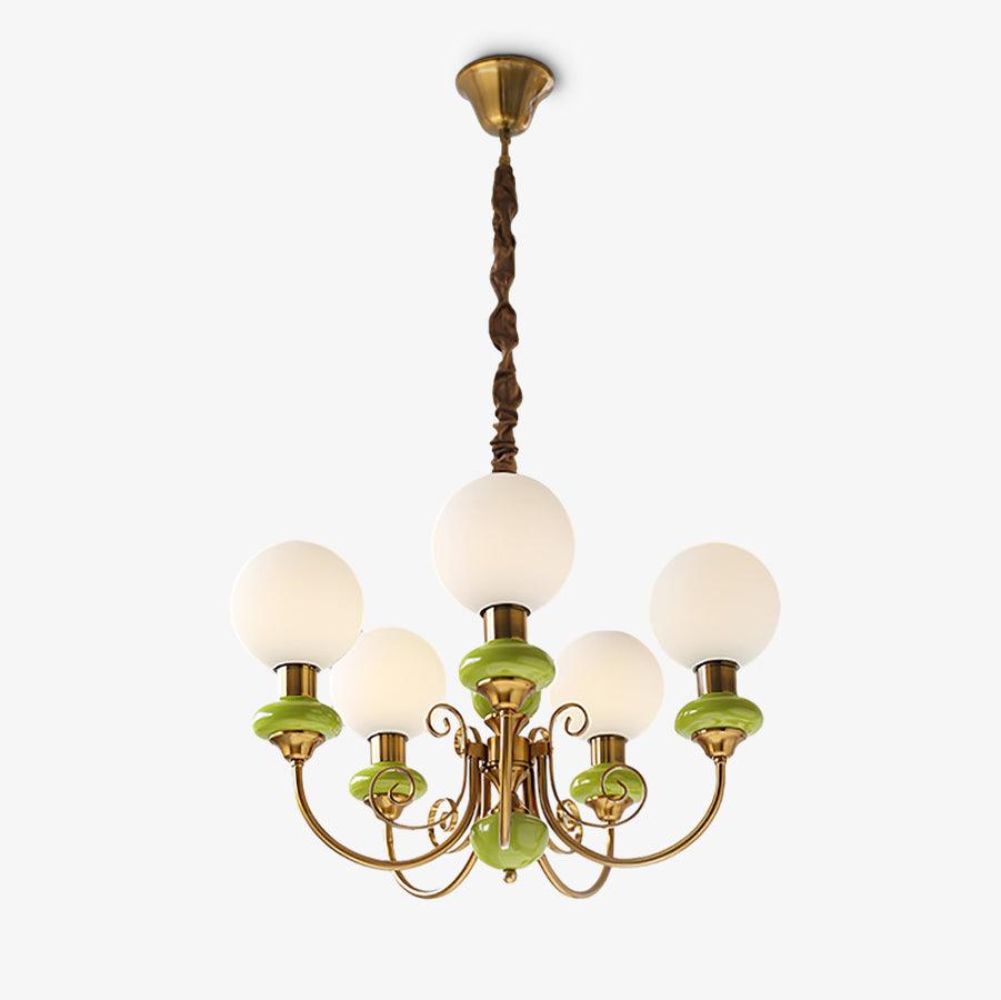 Lustra Chandelier Green Shades Gold Curved Arms-Neutral Decor