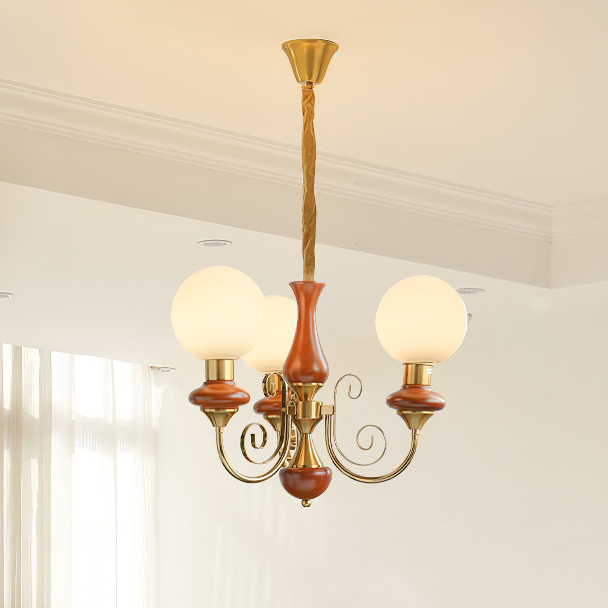 Lustra Chandelier Green Shades Gold Curved Arms-Neutral Decor