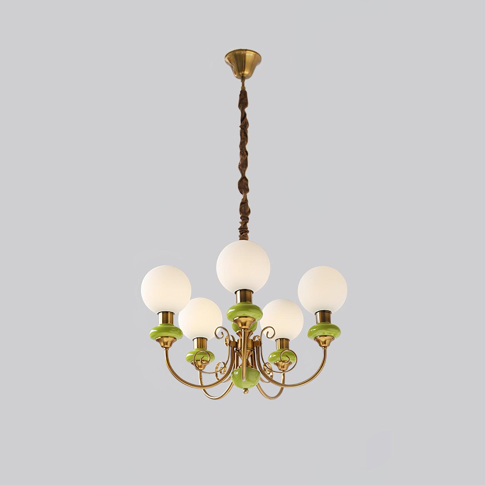 Lustra Chandelier Green Shades Gold Curved Arms-Neutral Decor