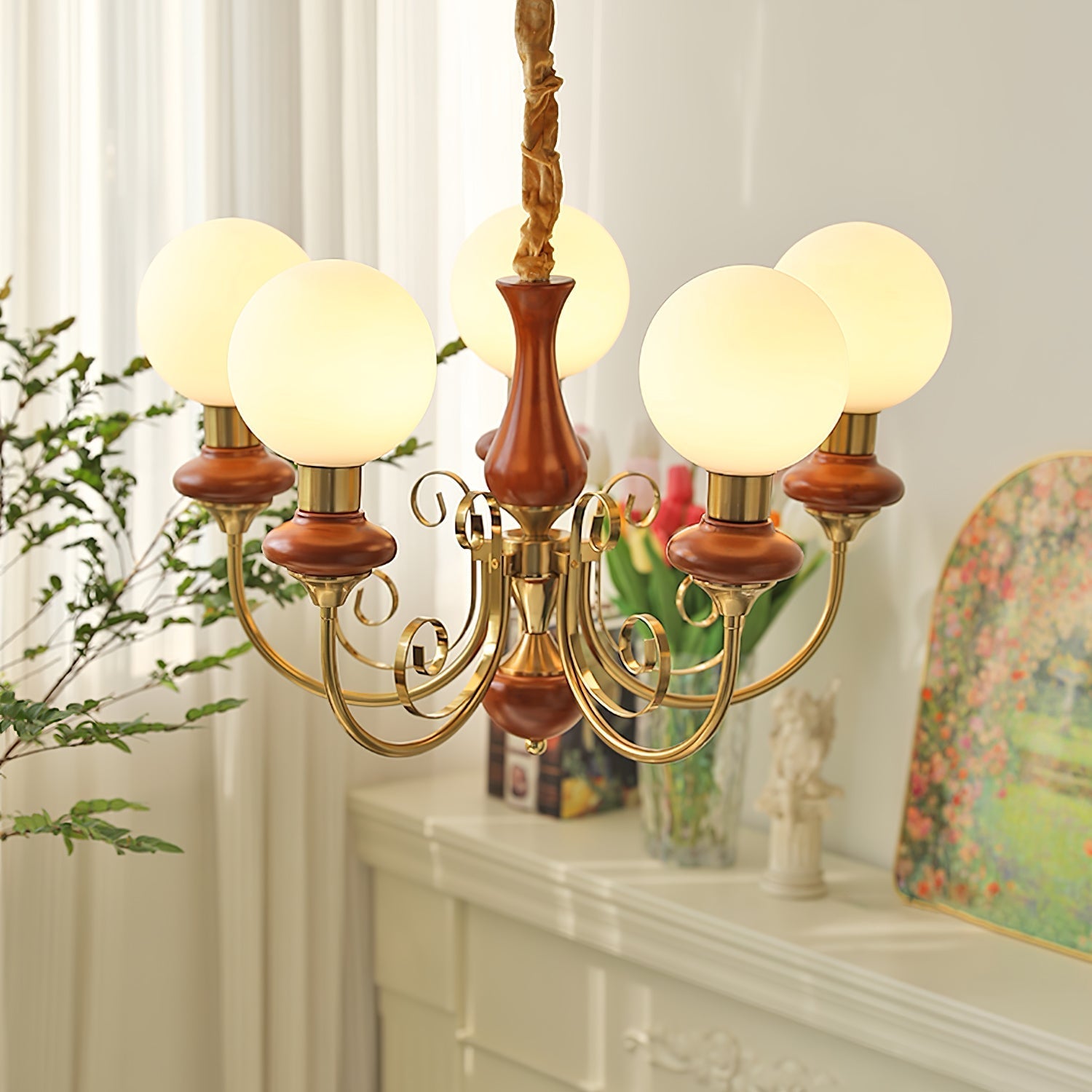 Lustra Chandelier Green Shades Gold Curved Arms-Neutral Decor