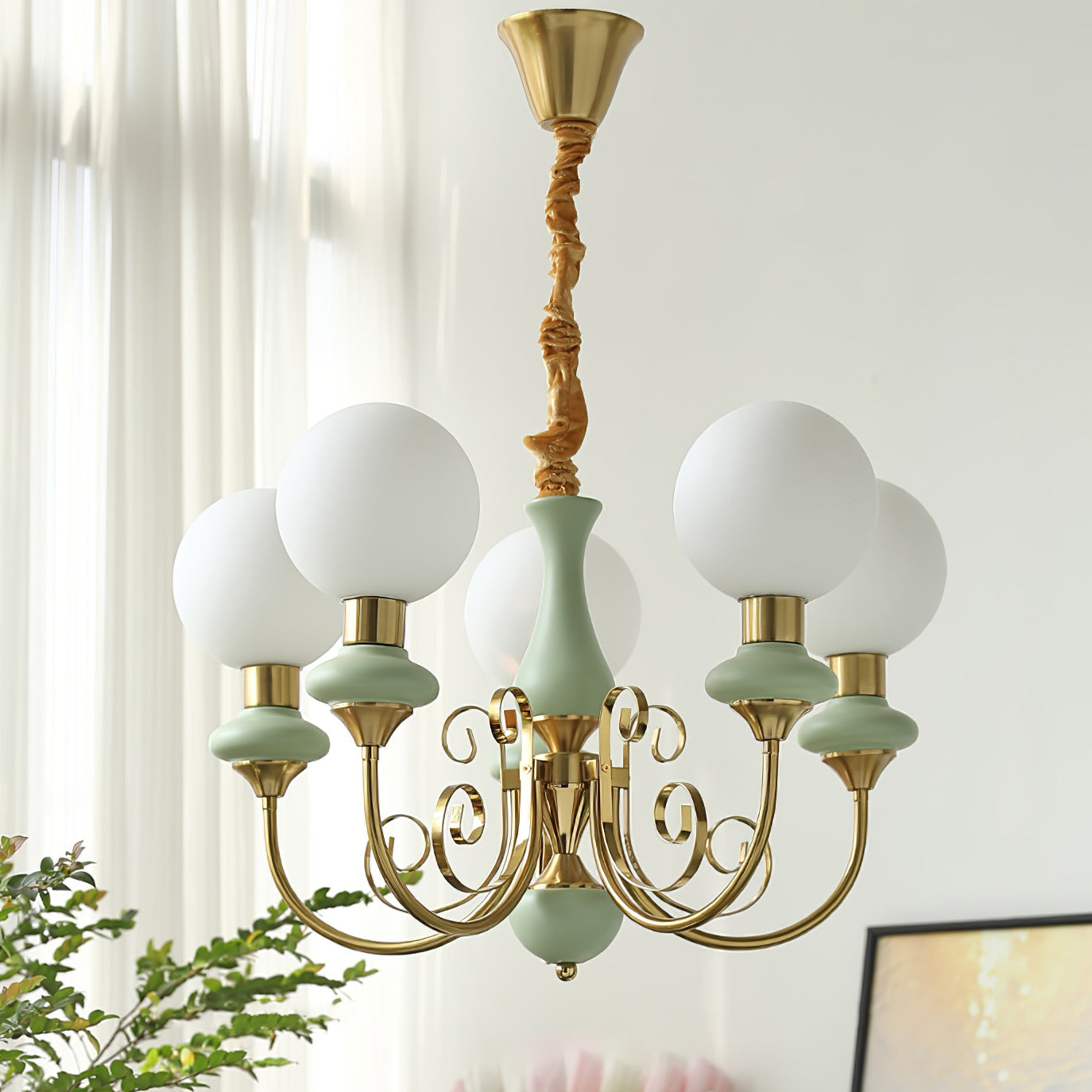 Lustra Chandelier Green Shades Gold Curved Arms-Neutral Decor