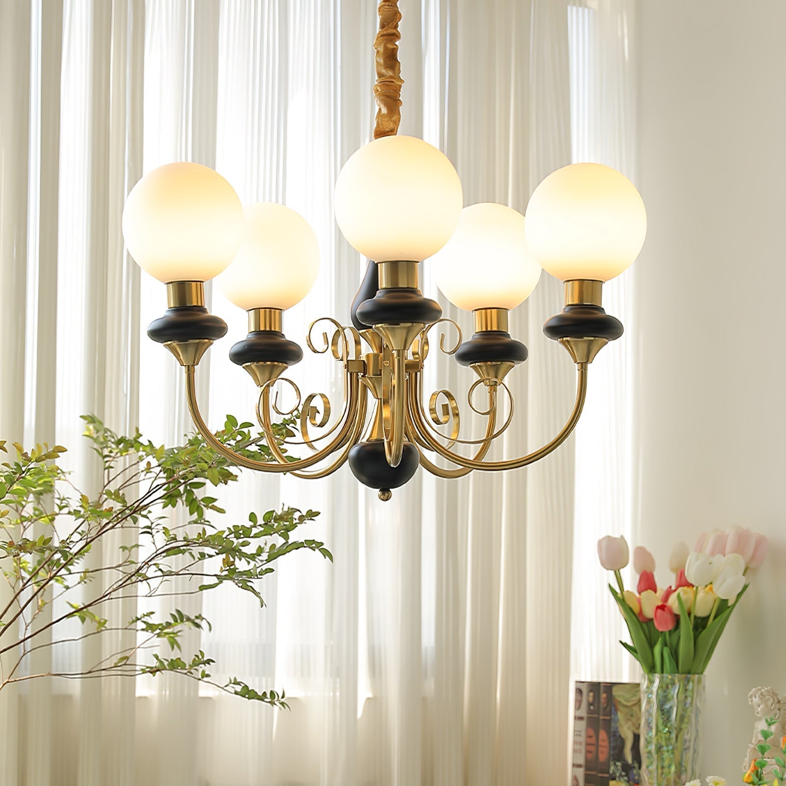 Lustra Chandelier Green Shades Gold Curved Arms-Neutral Decor