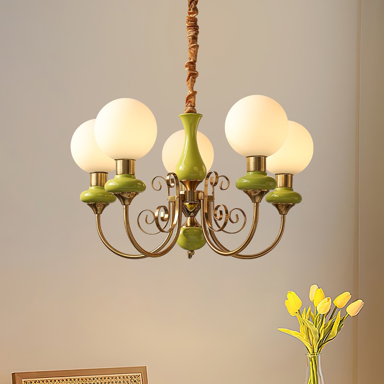 Lustra Chandelier Green Shades Gold Curved Arms-Neutral Decor