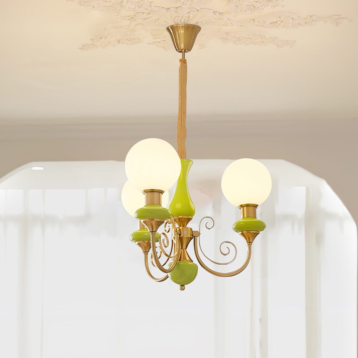 Lustra Chandelier Green Shades Gold Curved Arms-Neutral Decor