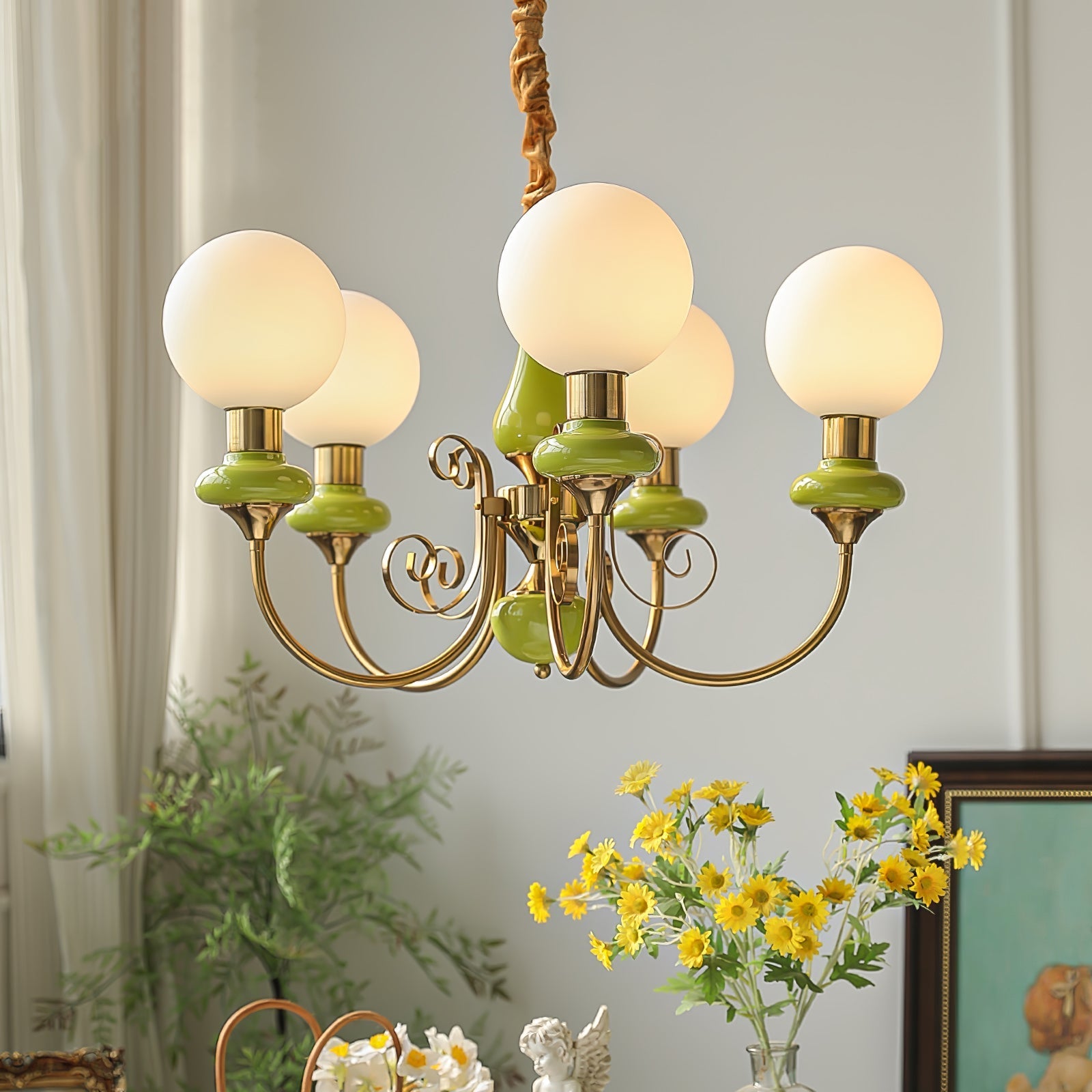 Lustra Chandelier Green Shades Gold Curved Arms-Neutral Decor