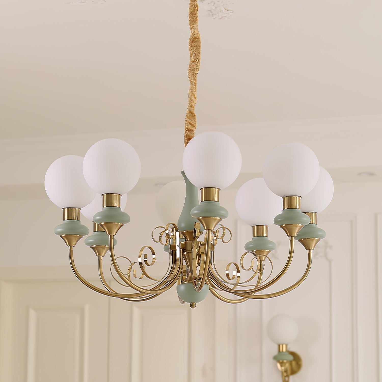 Lustra Chandelier Green Shades Gold Curved Arms-Neutral Decor
